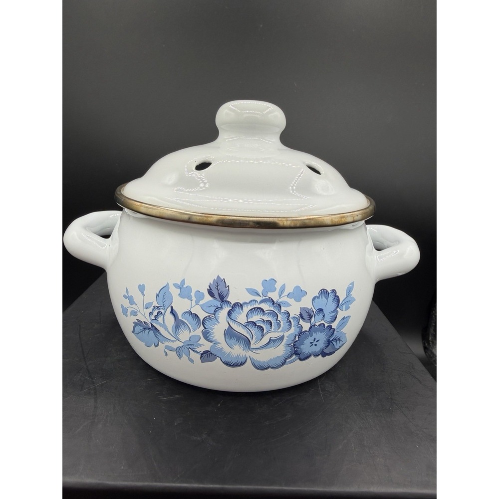 🧄🌹 Ejiry‑Like Enameled Garlic Keeper – Blue Rose Floral